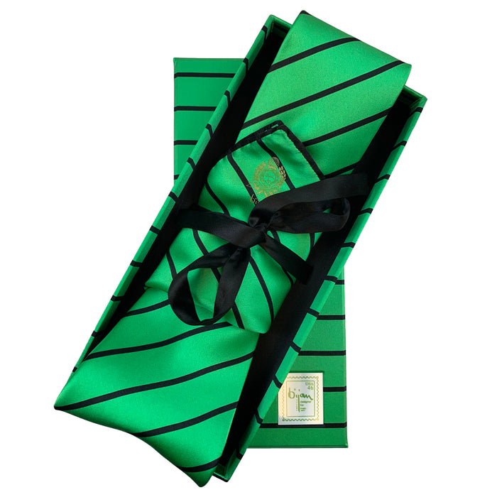 bijan Bijan Green and Black Stripe Pure Silk Tie Set