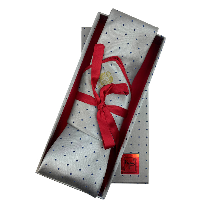bijan Bijan Grey with Navy Polka Dot Pure Silk Tie Set