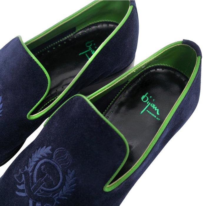 Bijan Navy Blue And Green Suede Loafer