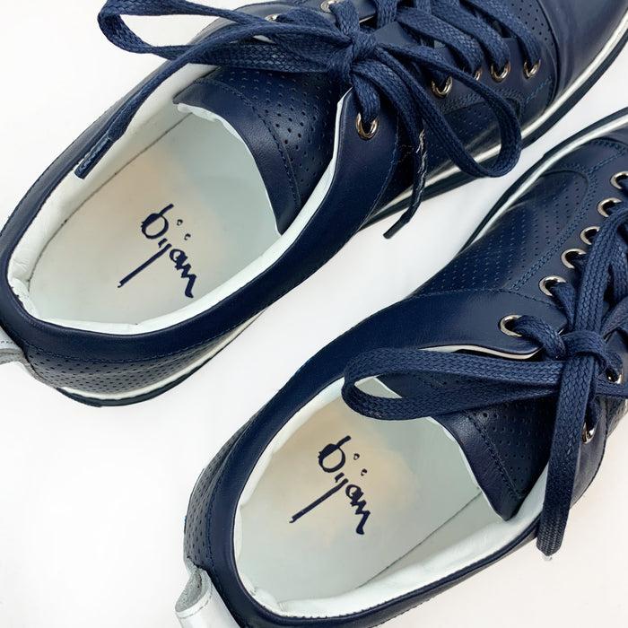 Bijan Navy Fine Leather Sneakers With White Detail