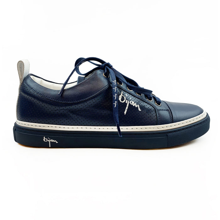Bijan Navy Fine Leather Sneakers With White Detail