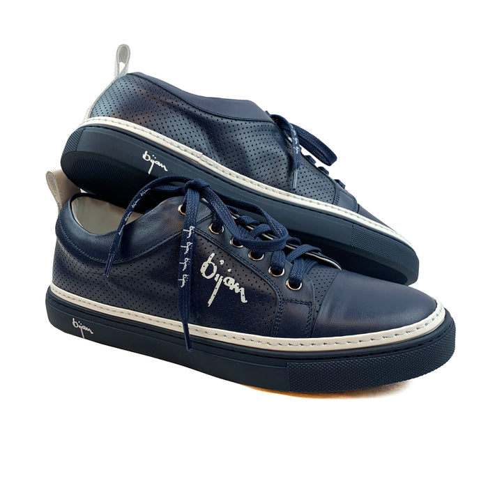bijan Navy Fine Leather Sneakers with White Detail