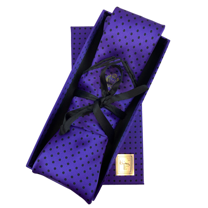 bijan Bijan Purple and Black Polka Dot Pure Silk Tie Set