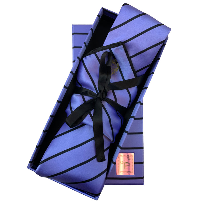bijan Bijan Purple and Black Stripe Pure Silk Tie Set