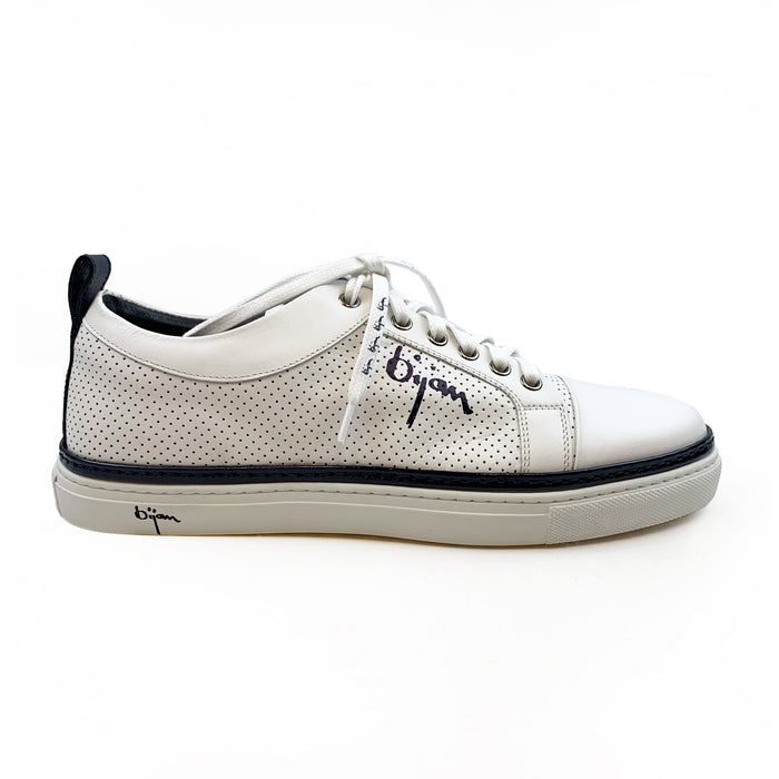 Bijan White Fine Leather Sneakers With Navy Detail