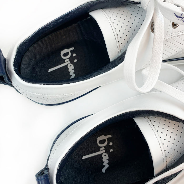 Bijan White Fine Leather Sneakers With Navy Detail