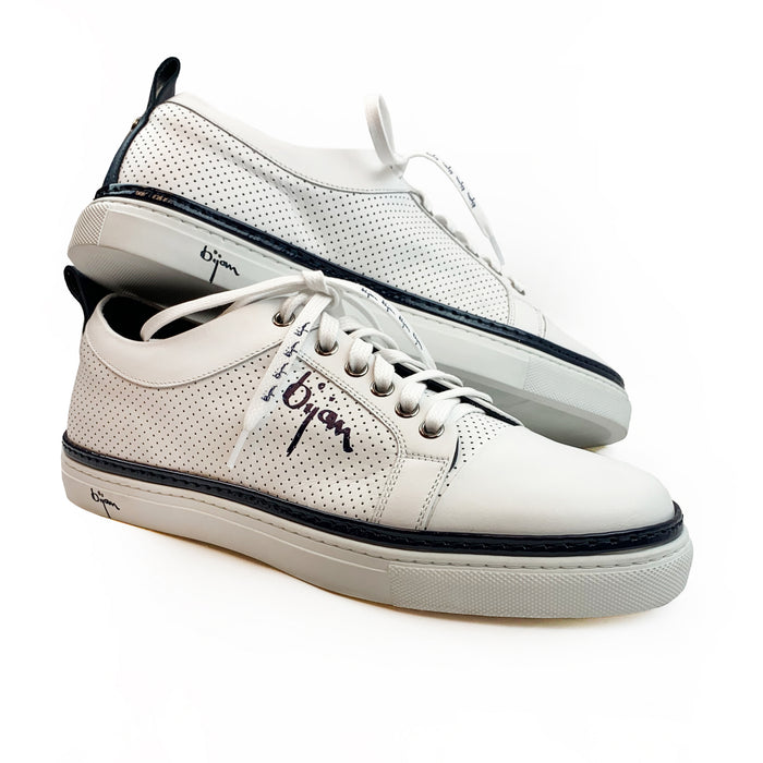 bijan White Fine Leather Sneakers with Navy Detail