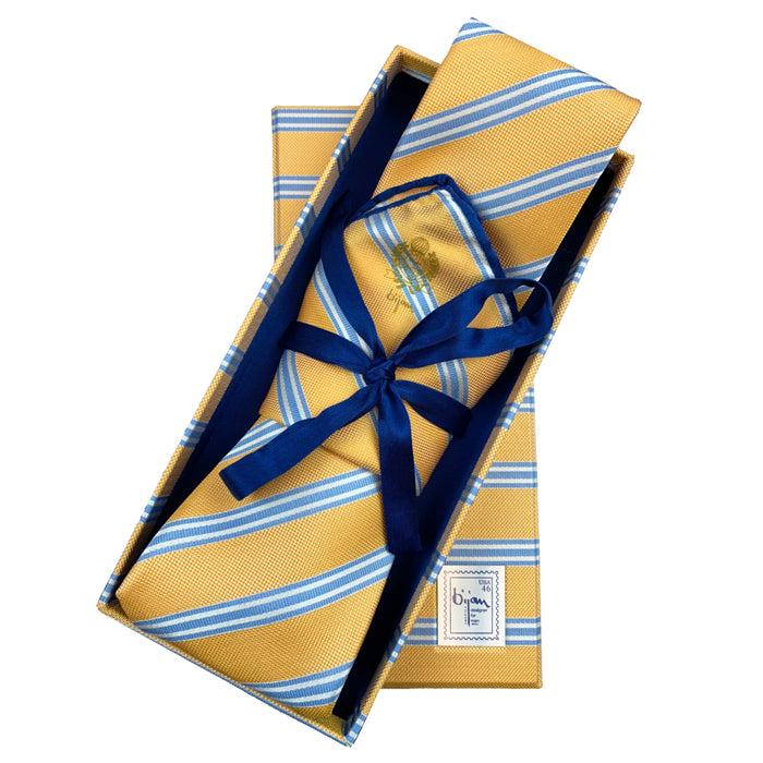 bijan Bijan Yellow and Blue Stripe Pure Silk Tie Set