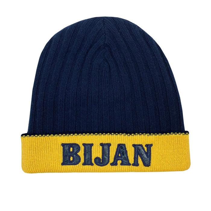 bijan Bijan Yellow and Midnight Blue Cashmere Reversible Beanie
