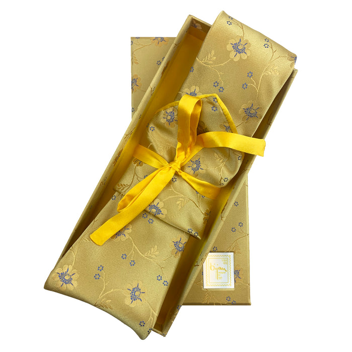 bijan Bijan Yellow with Floral Detail Pure Silk Tie Set