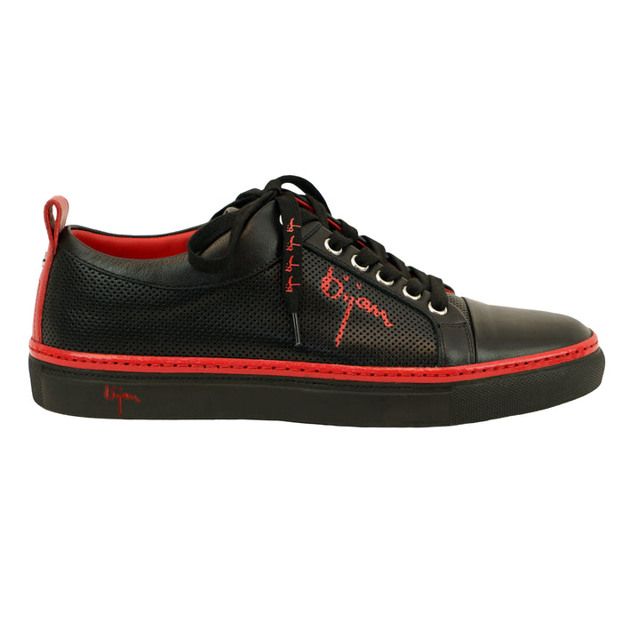Bijan Black Fine Leather Sneakers With Bijan Red Detail