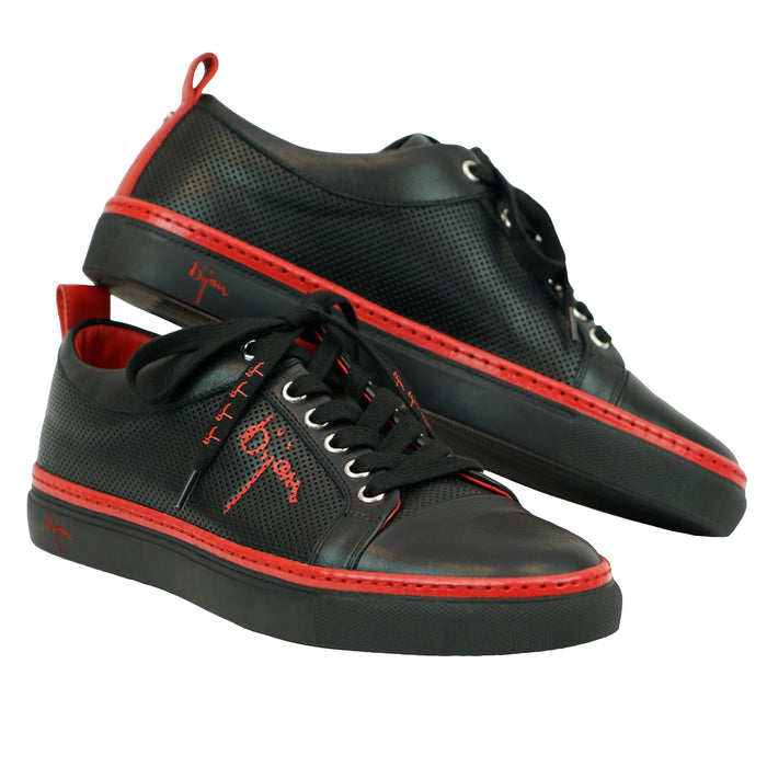 bijan Black Fine Leather Sneakers with Bijan Red Detail