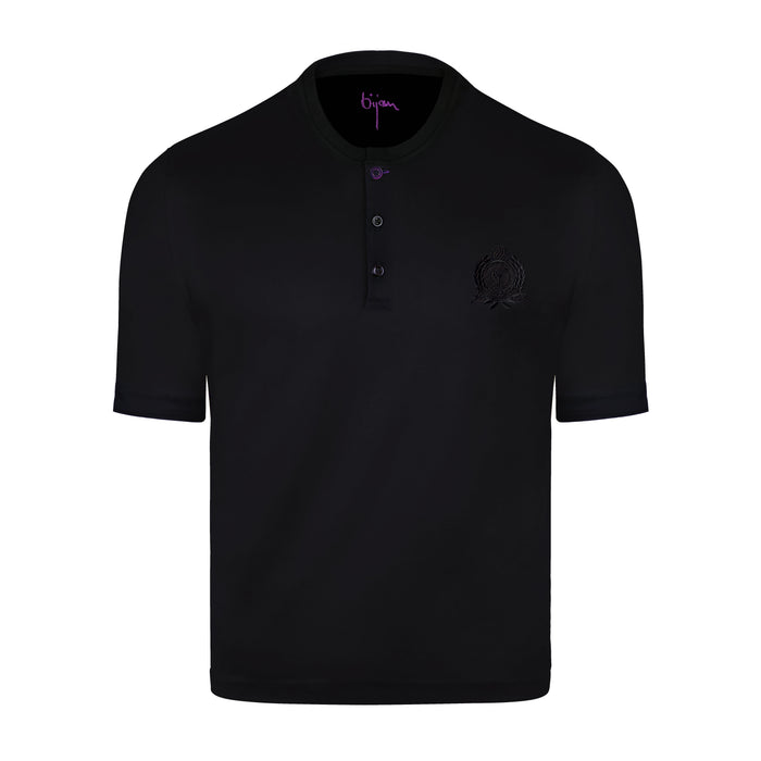 bijan Black Round Neck Short Sleeve T-Shirt with 3 Buttons