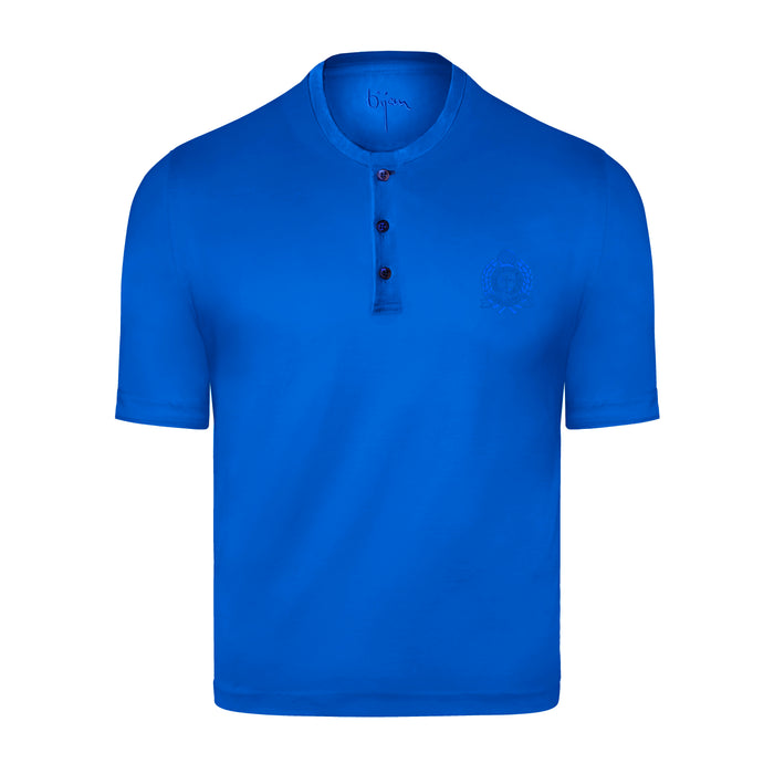 bijan Blue Round Neck Short Sleeve T-Shirt with 3 Buttons