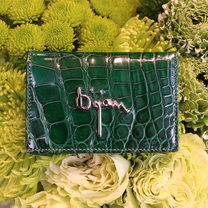 Bijan Emerald Green With Pink Interior Alligator Card Holder
