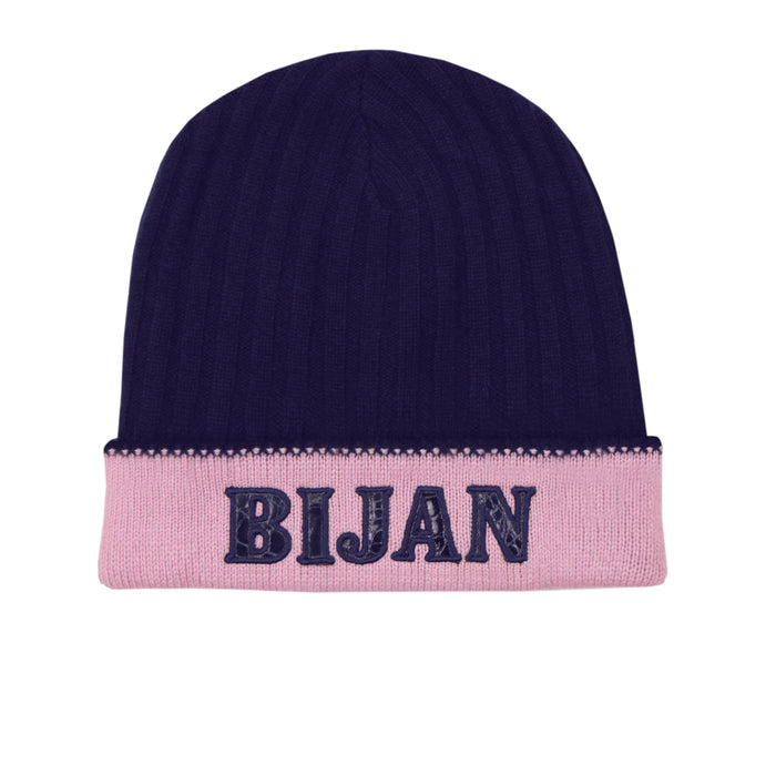 bijan Midnight Blue and Baby Pink Cashmere Reversible Beanie