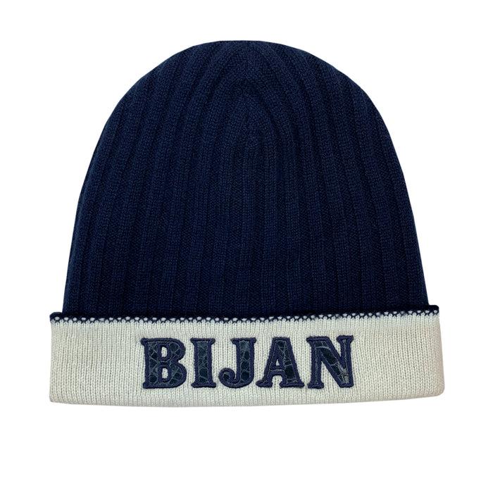 bijan Midnight Blue and Off White Cashmere Reversible Beanie