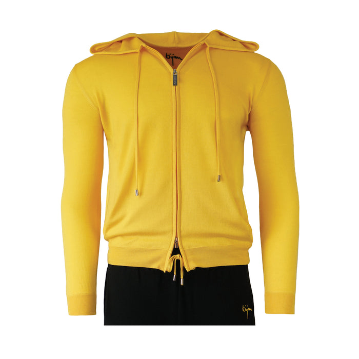 bijan Silk and Cashmere Yellow Cardigan with Hoodie
