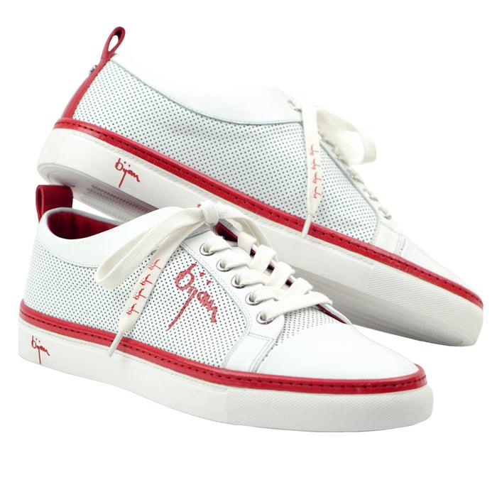 bijan White Fine Leather Sneakers with Bijan Red Detail