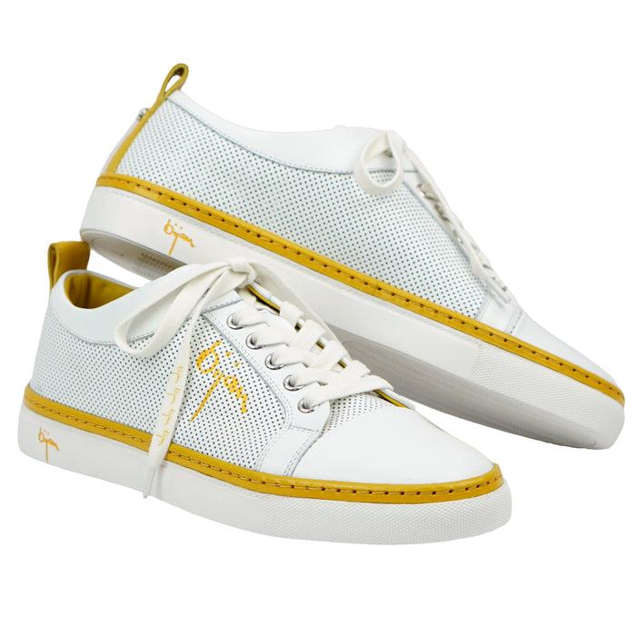 bijan White Fine Leather Sneakers with Bijan Yellow Detail