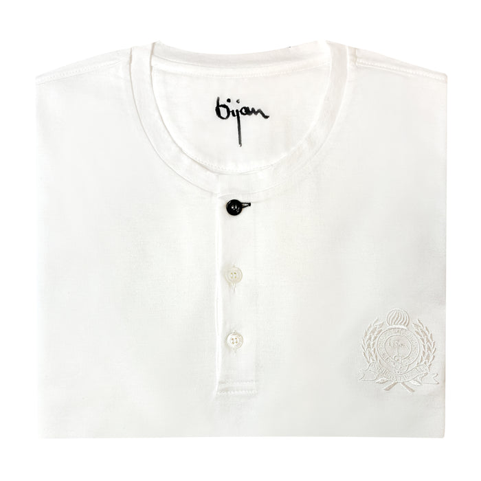 Bijan White Round Neck Short Sleeve T-Shirt With 3 Buttons