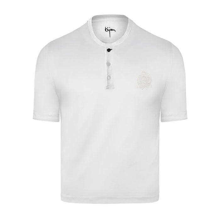 bijan White Round Neck Short Sleeve T-Shirt with 3 Buttons