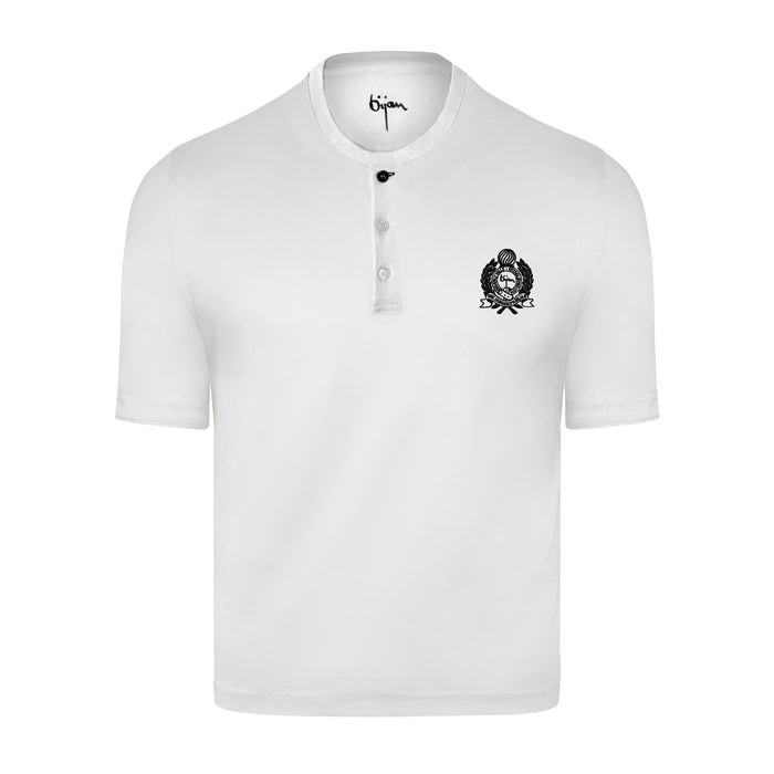 bijan White Round Neck Short Sleeve T-Shirt with 3 Buttons