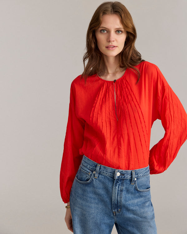 Billy Reid 100% Cotton Pintuck Blouse With Balloon Sleeves