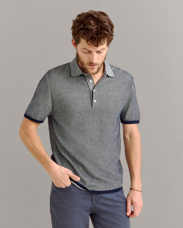 Billy Reid Birdseye Pique Sweater Polo Carbon Blue