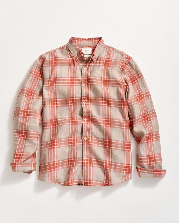 billy reid Bold Plaid Linen Shirt in Brick