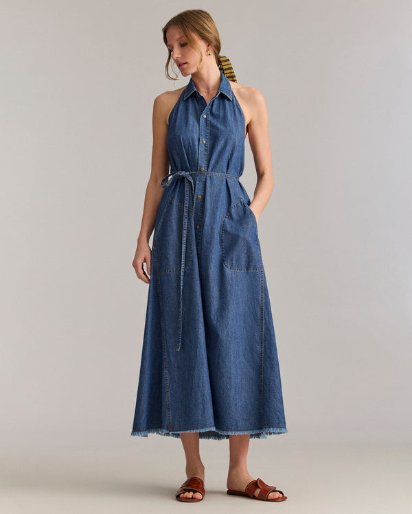 Billy Reid Indigo Denim Halterneck Shirt Dress