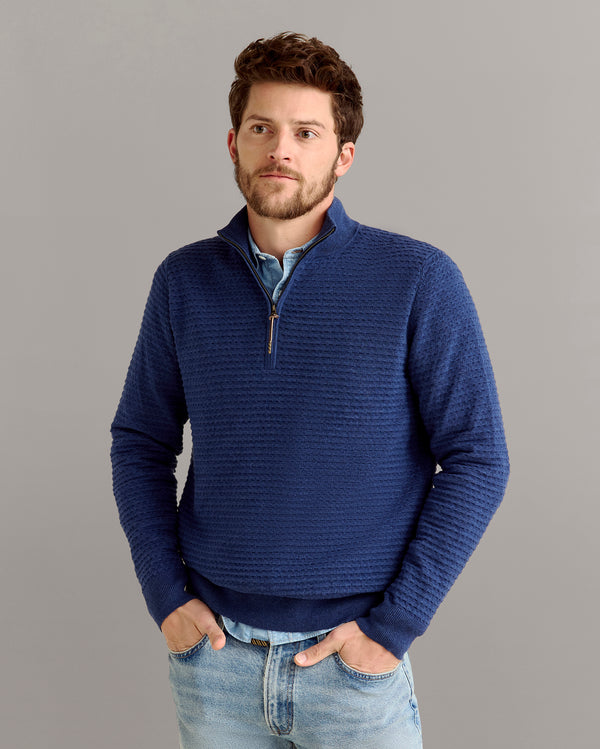 Billy Reid Linen Textured Half Zip Sweater - Dark Denim
