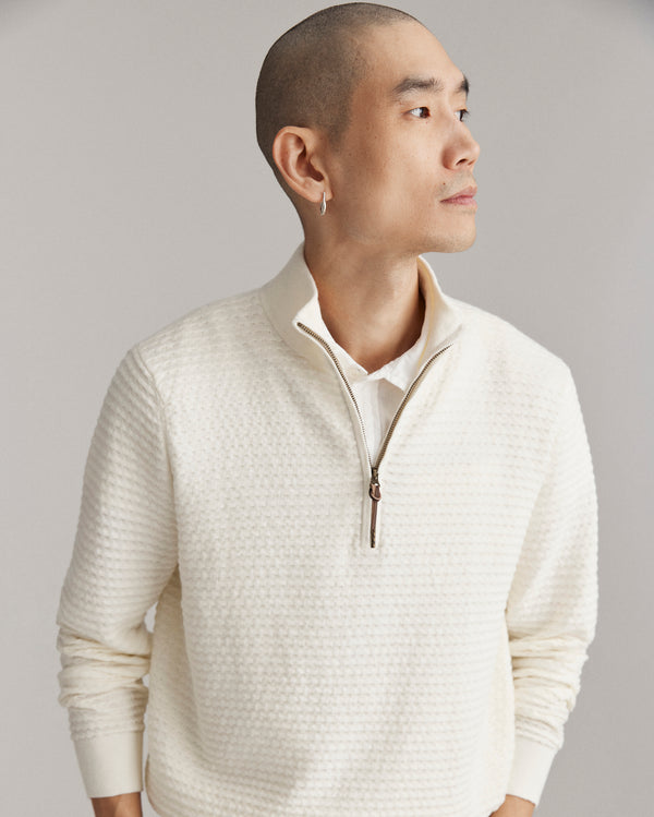 Billy Reid Linen Textured Half Zip Sweater Tinted White