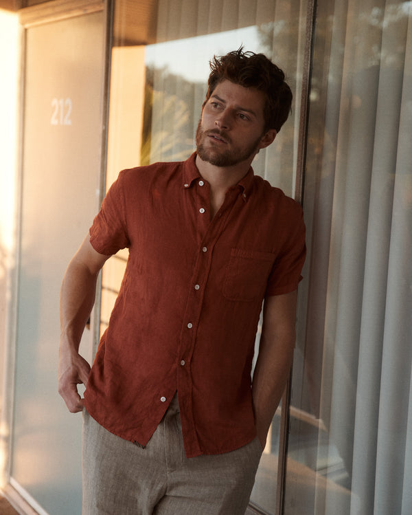 Billy Reid Short-Sleeve Linen Button Down Shirt - Brick