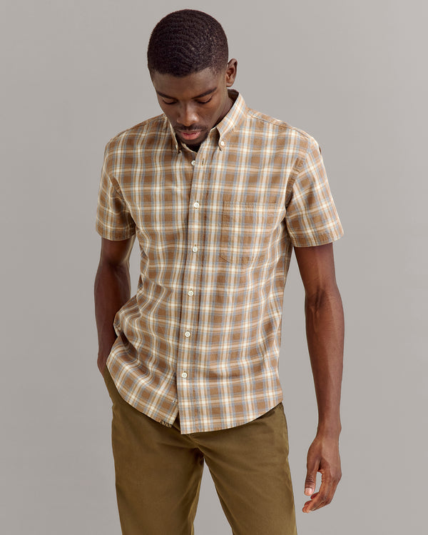 Billy Reid Short Sleeve Melange Plaid Shirt - Brown/Multi