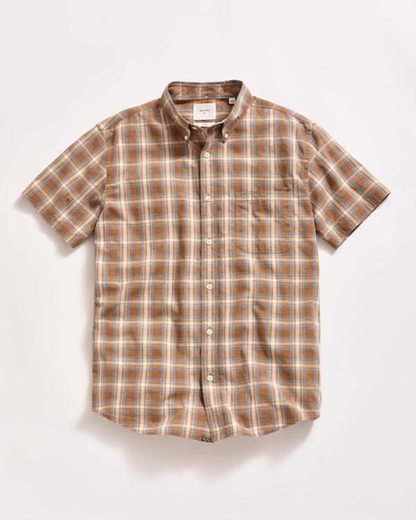 billy reid Short Sleeve Melange Plaid Shirt - Brown/Multi