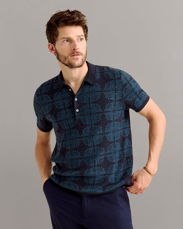 Billy Reid Tile Jacquard Sweater Polo In Carbon Blue