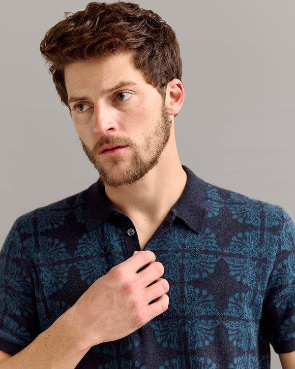 Billy Reid Tile Jacquard Sweater Polo In Carbon Blue
