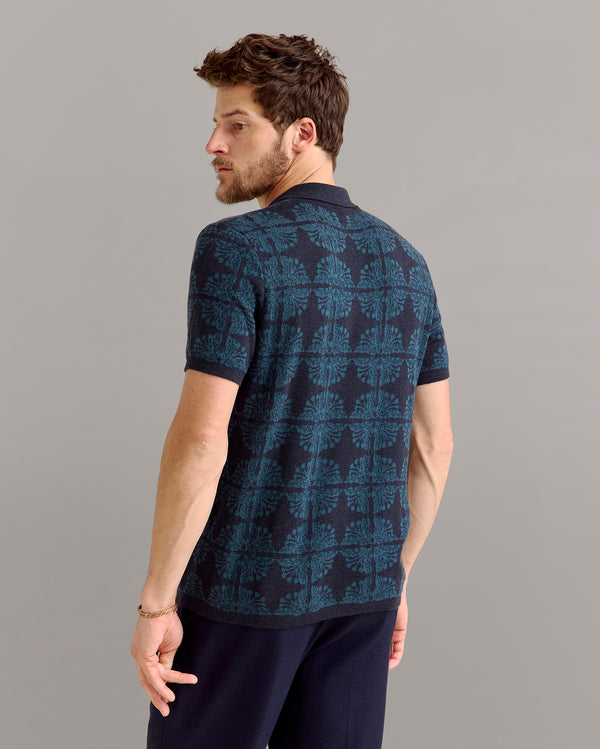 Billy Reid Tile Jacquard Sweater Polo In Carbon Blue