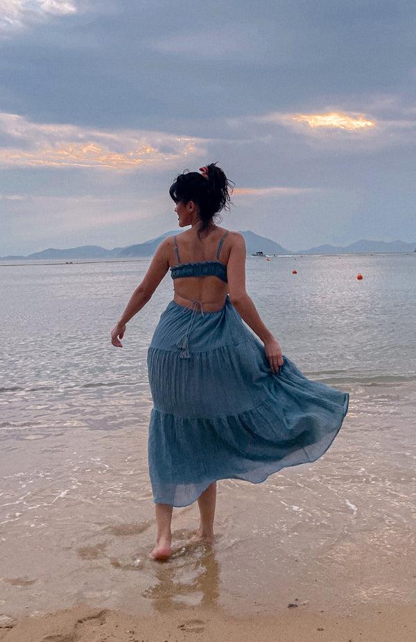 Black Coral Blue Goddess Maxi Dress