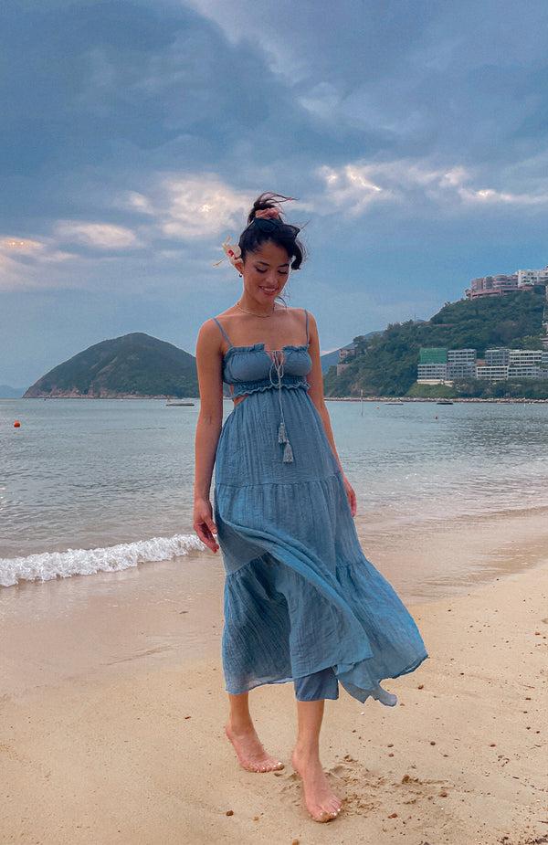 Black Coral Blue Goddess Maxi Dress