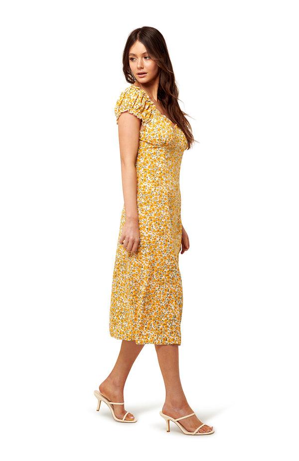 Black Coral Buttercup Midi Floral Dress