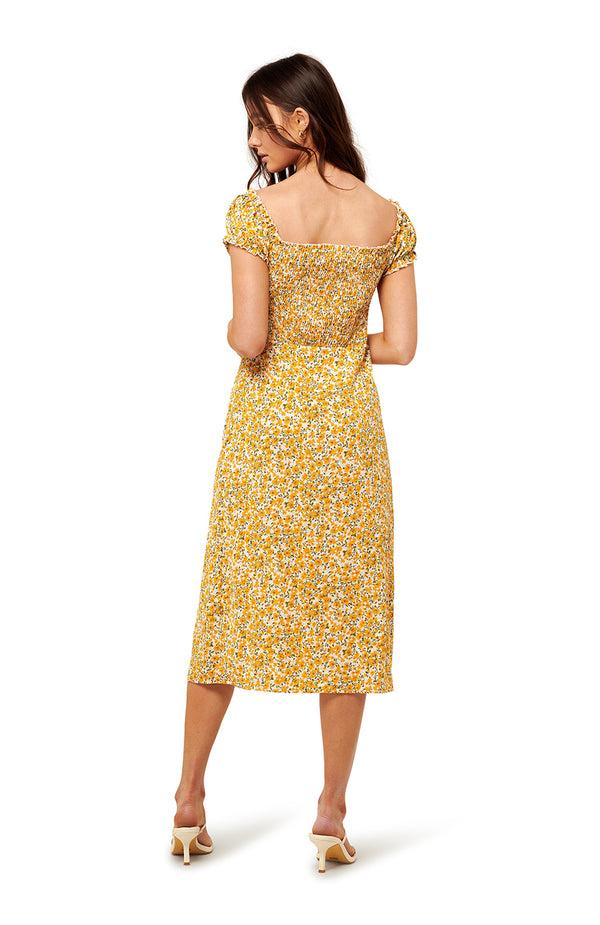 Black Coral Buttercup Midi Floral Dress