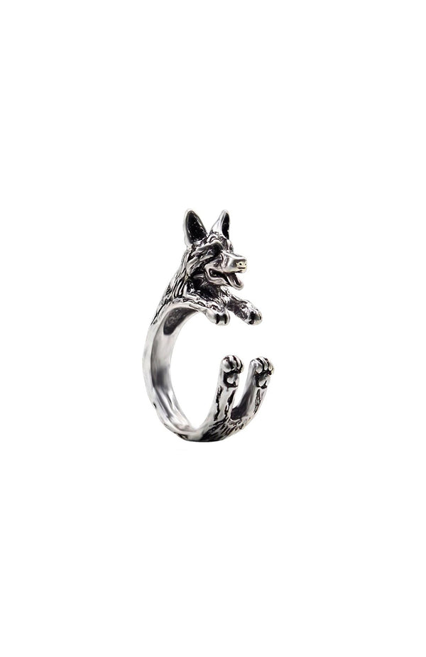 black coral German Shepherd Silver Ring