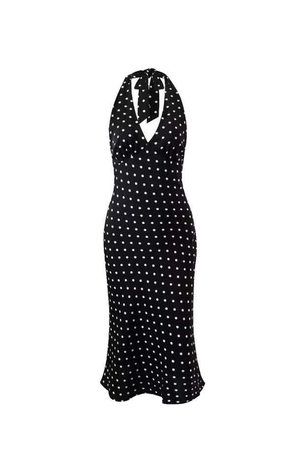black coral Gloria Polka Dot Halter Dress Black