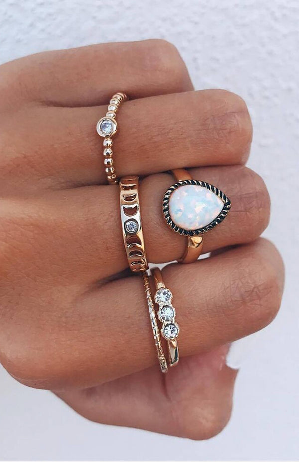 Black Coral Gold Boho White Stone Crystal Ring Set