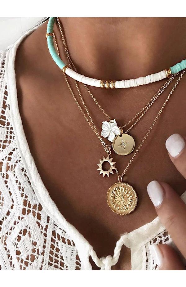 Black Coral Gold Floral Charms Necklace Set