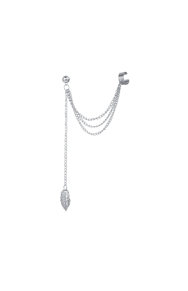 black coral Silver Leaf & Chain Ear Cuff