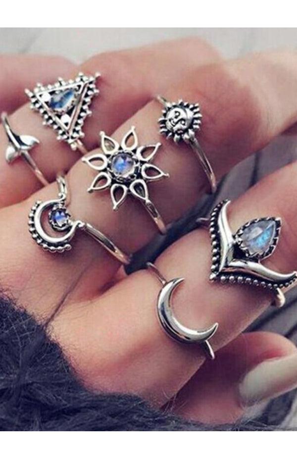 black coral Silver Moonstone Ring Set