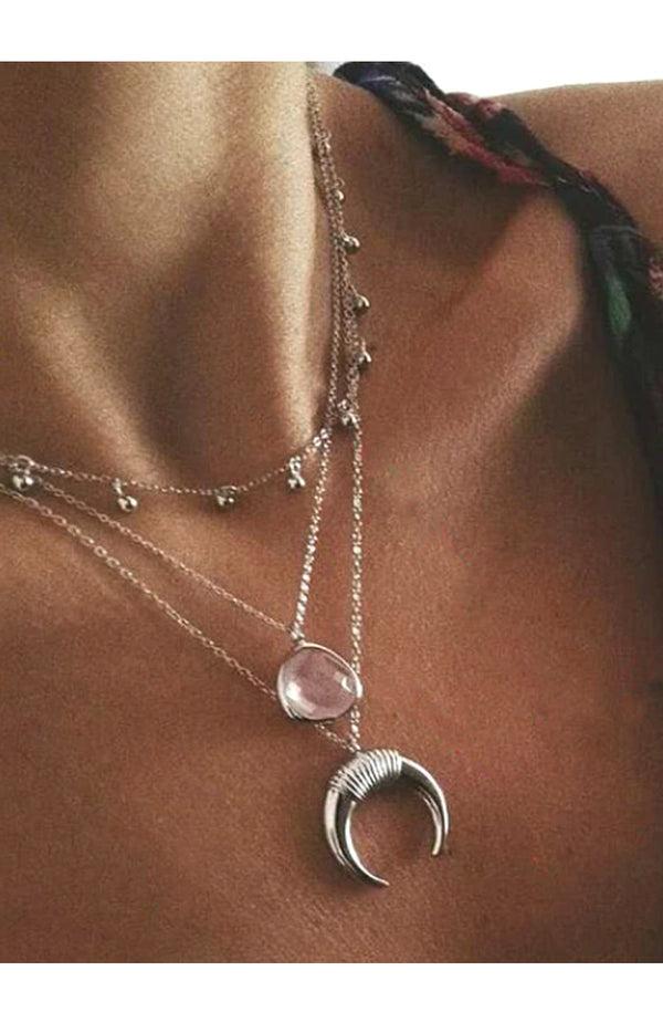 black coral Silver & Pink Layered Necklace